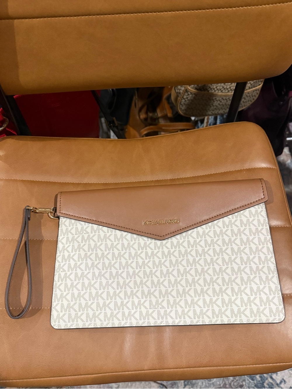 MICHAEL KORS Cream MK Logo Envelope Wristlet with Tan Trim 12W X 8 H